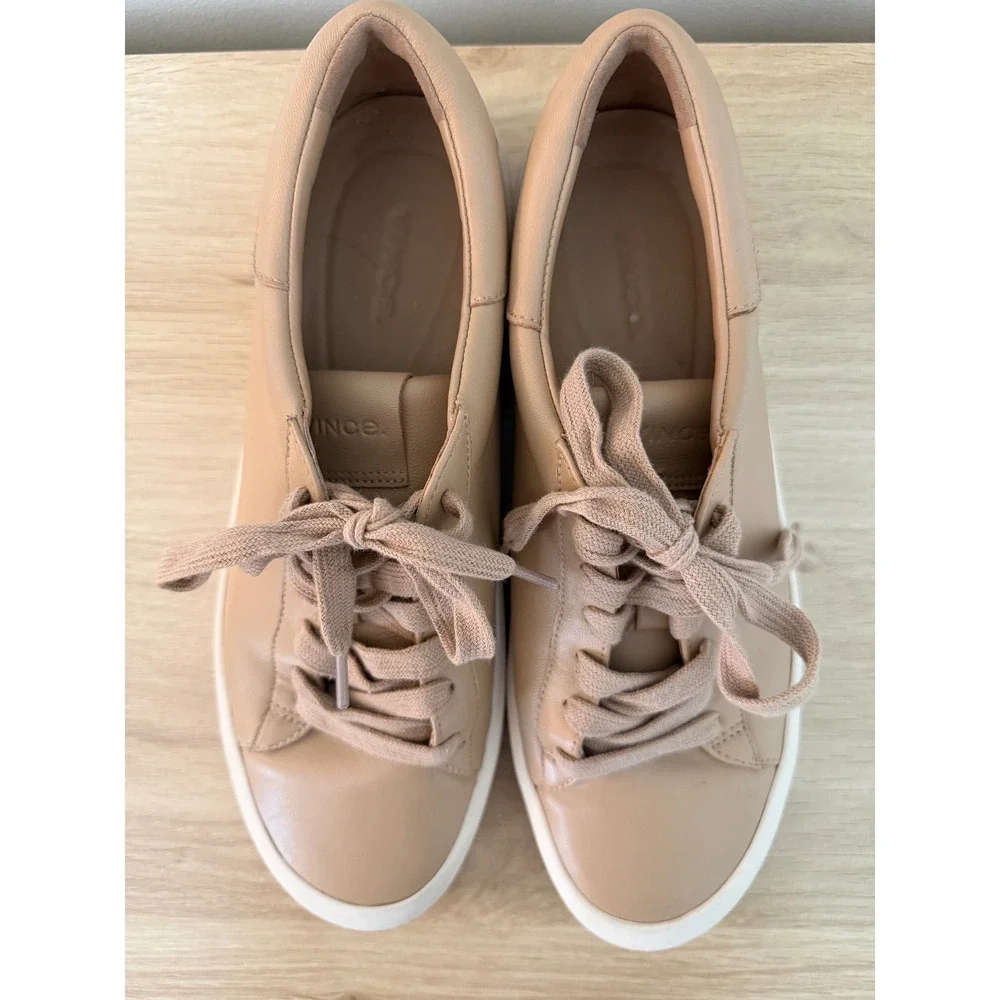 Vince Keoni Leather Sneakers Women 9 Nude Tan Low Top Minimalist Shoes
